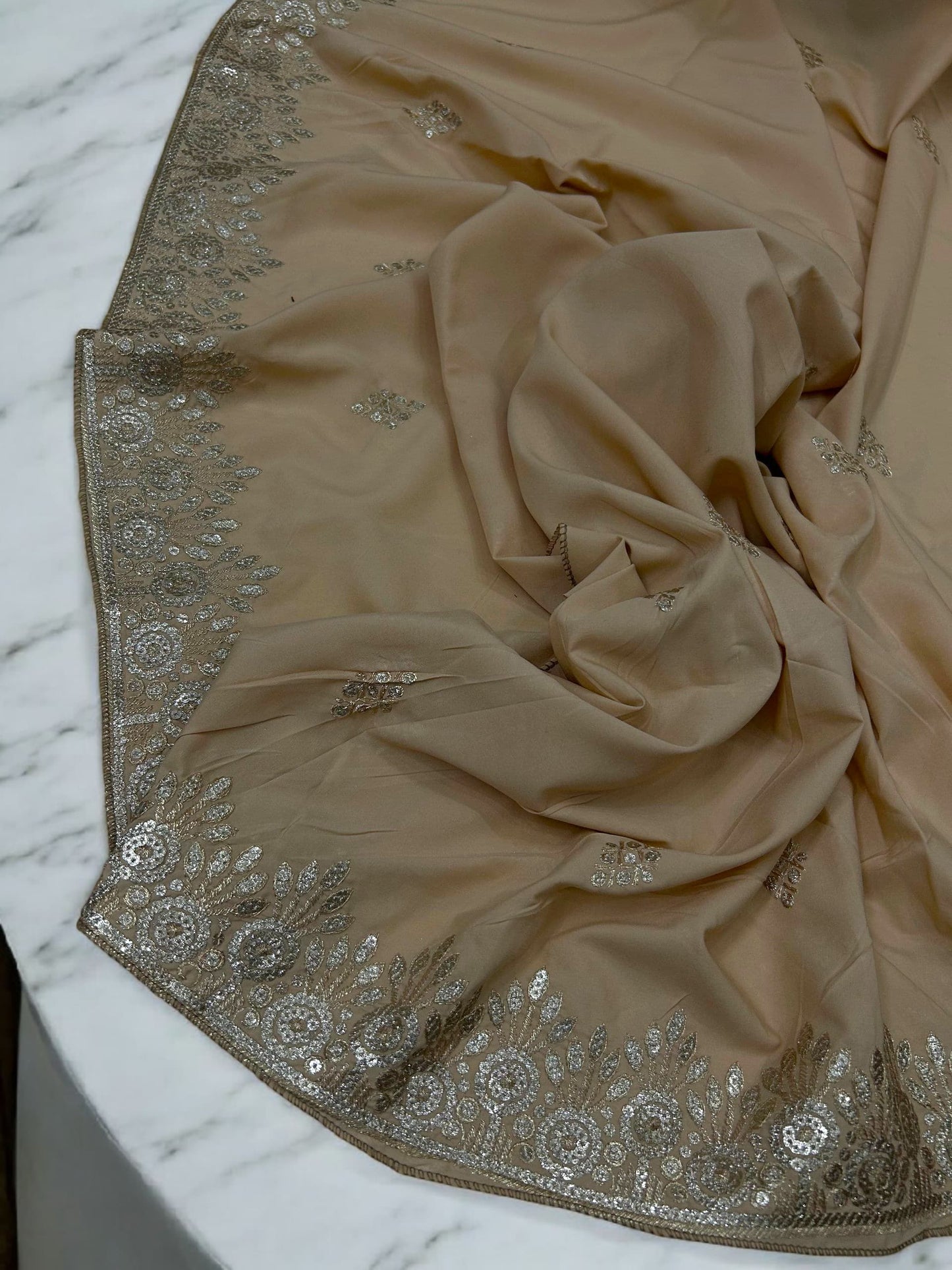 Tan Gold Floral Sequence Bridal Embroidered Shaal