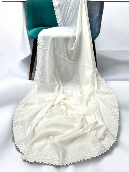 Pure White Cutwork Threadwork Embroidered Shaal