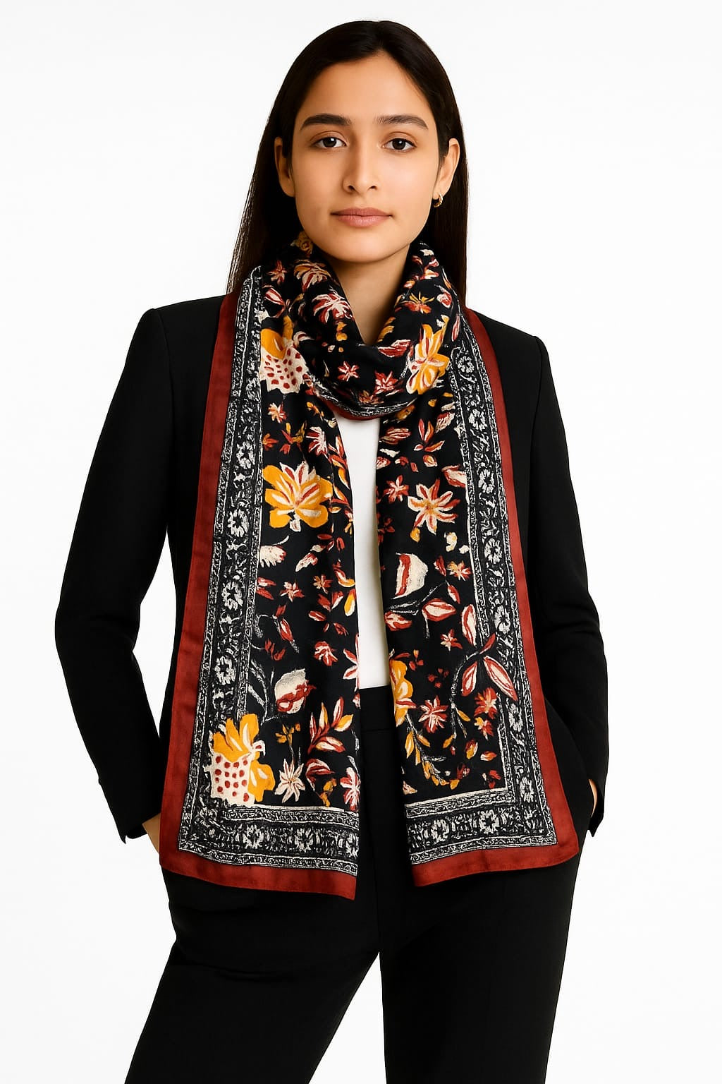 Printed Viscose Wool Hijab - Maroon Black Floral