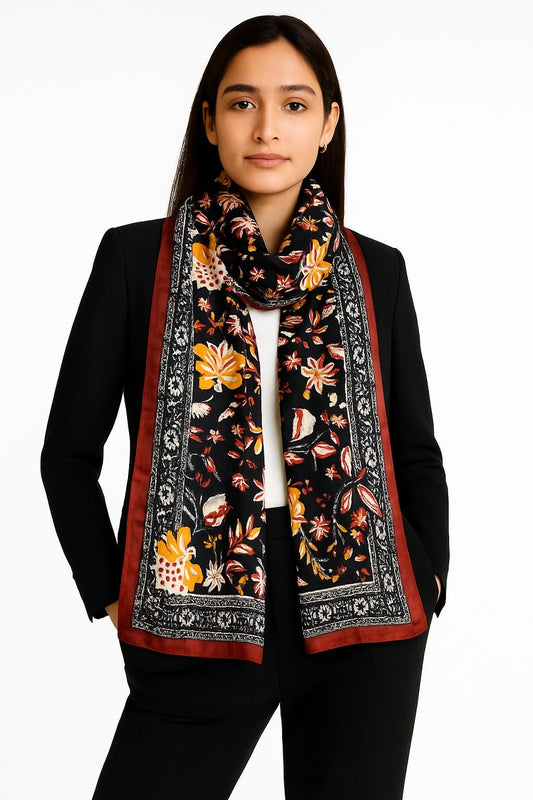Printed Viscose Wool Hijab - Maroon Black Floral