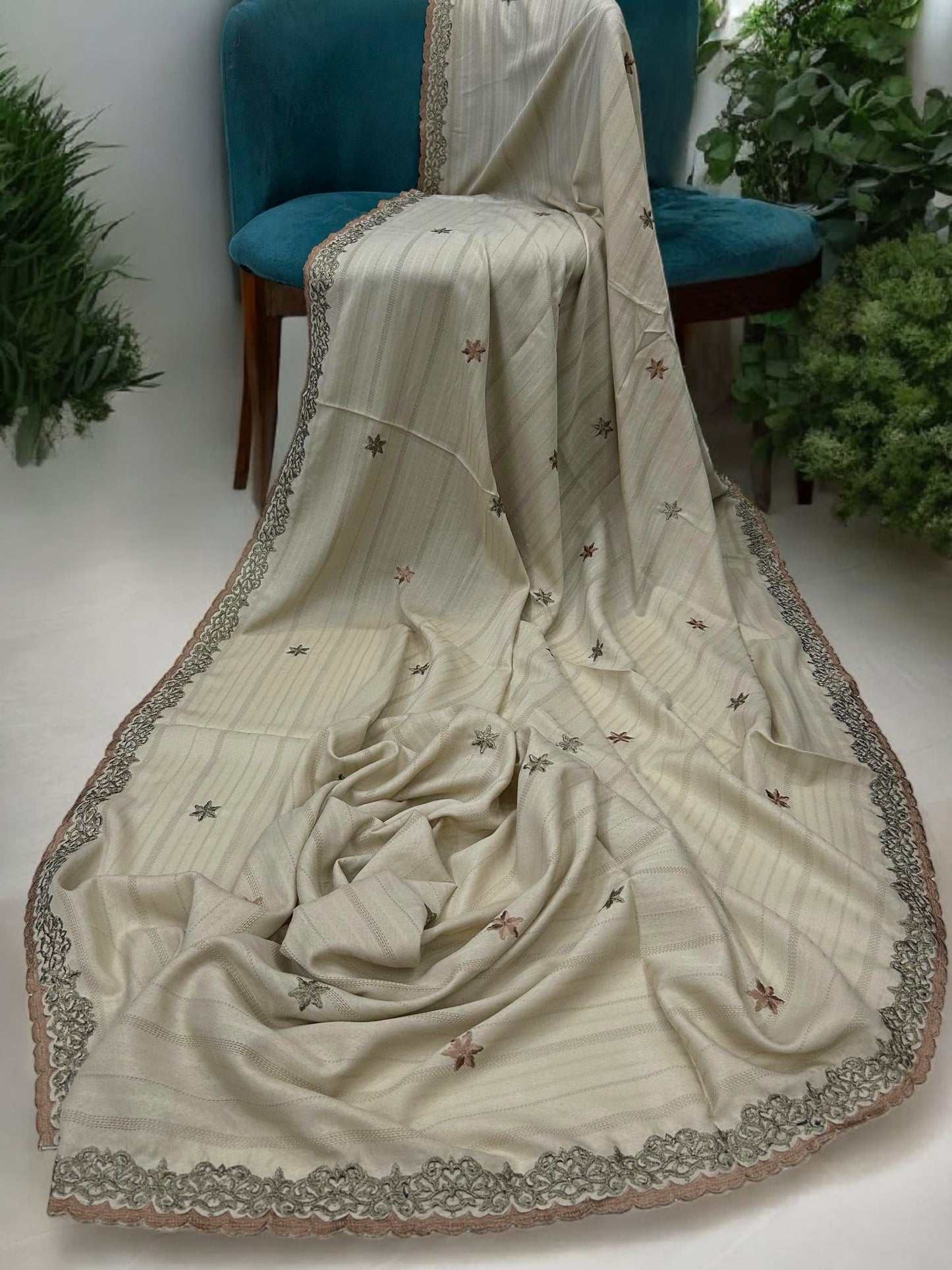 Latte White Stars Cutwork Fancy Self Embroidered Shaal