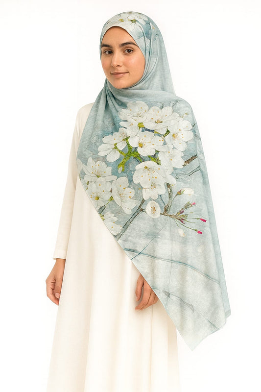 Large Satin Silk Scarf - Mint Green Jasmine Floral