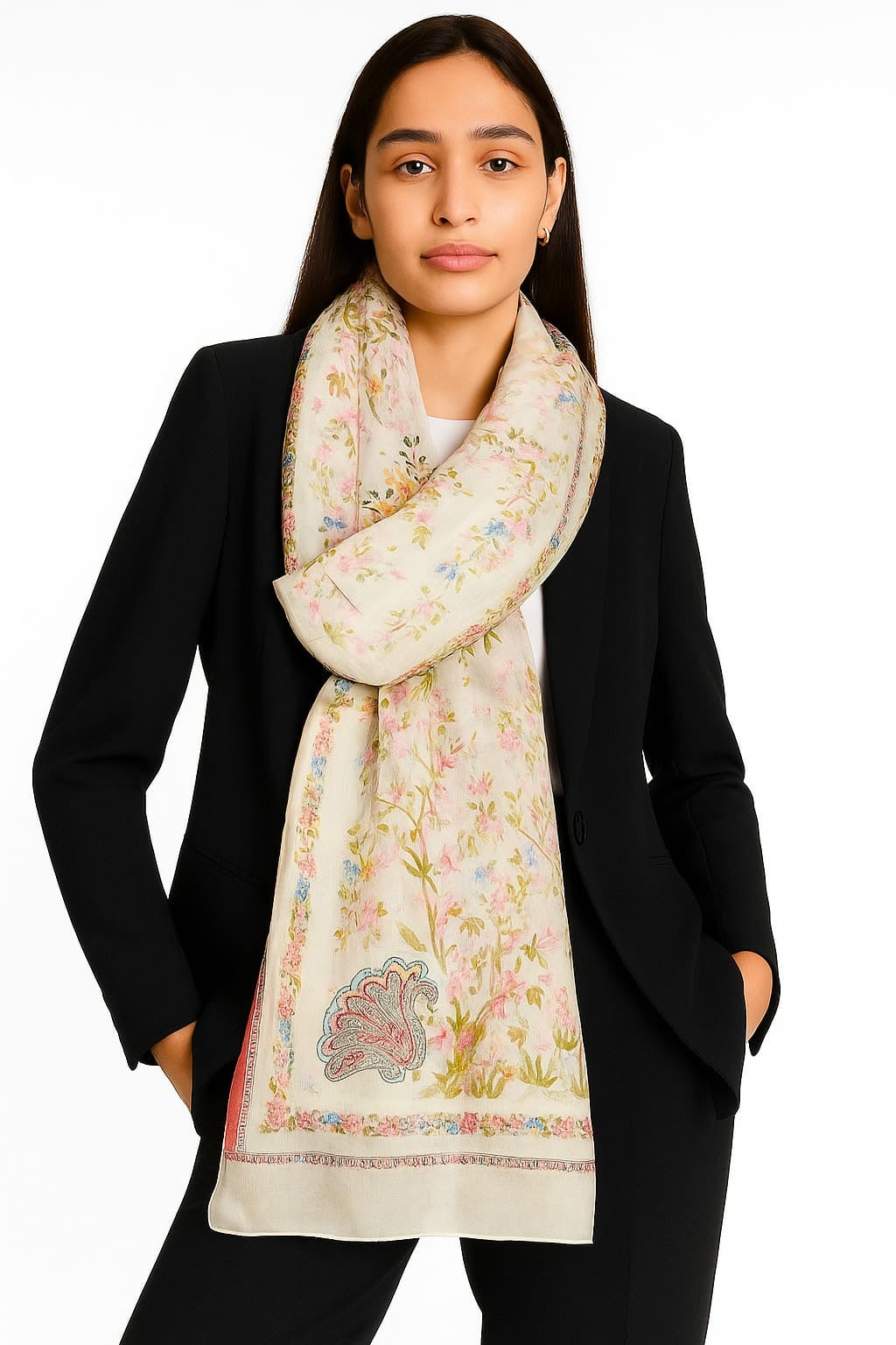 Printed Viscose Wool Hijab - Off White Floral