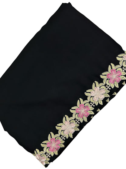 Black Pink Tulips Floral Border Shaal
