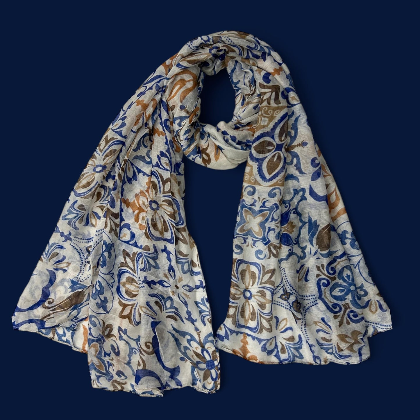 White Blue Damask Printed Lawn Hijab