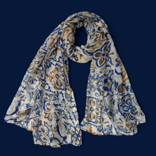 White Blue Damask Printed Lawn Hijab