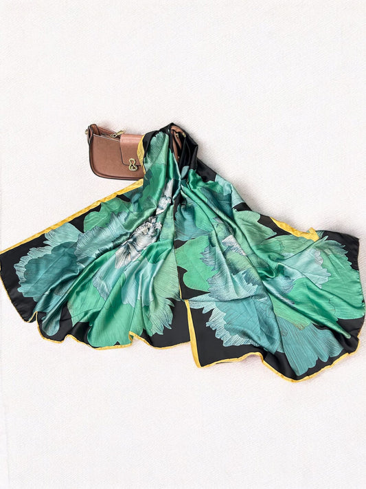 Large Satin Silk Scarf - Black Green Leaflets