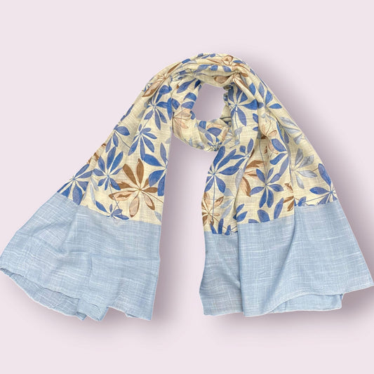 Off White Blue Leaves Printed Lawn Hijab