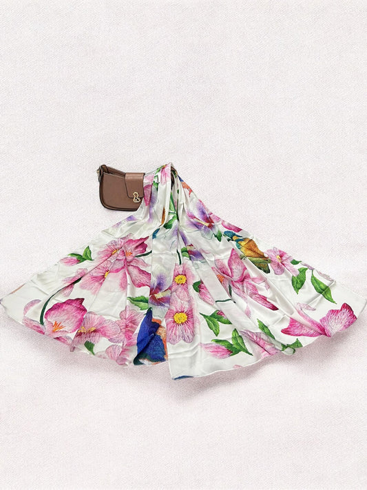 Large Satin Silk Scarf - White Light Pink Flowers