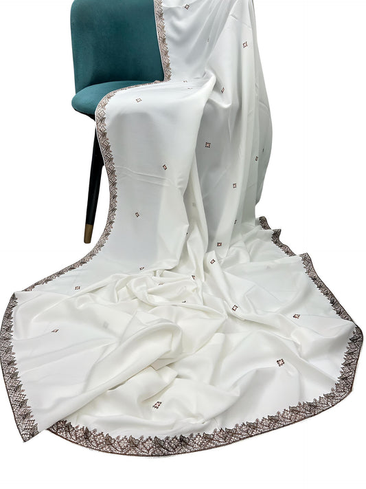 White Beige Curved Floral Border Shaal
