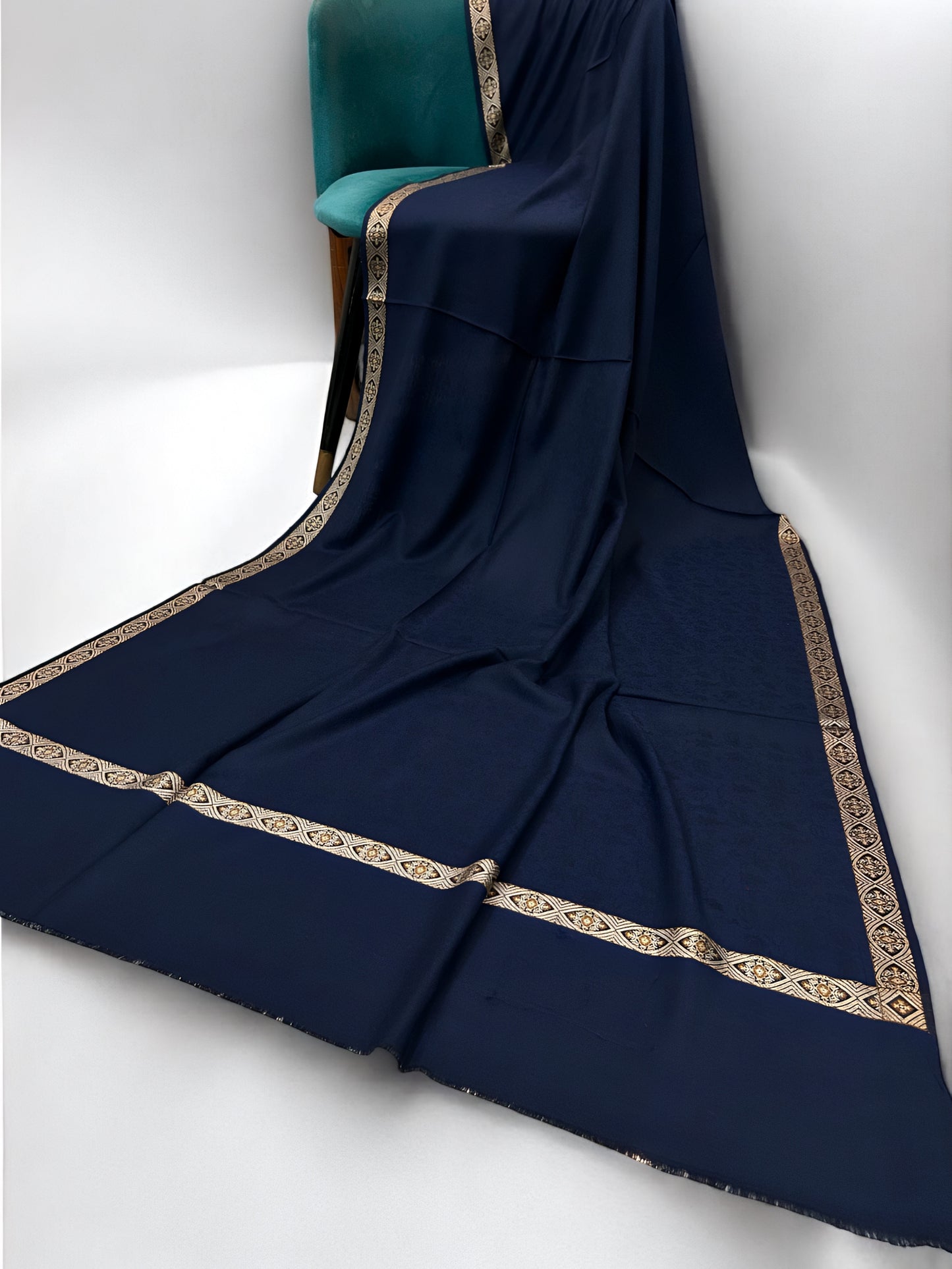 Navy Blue - Plain Kashmiri Border Shawl