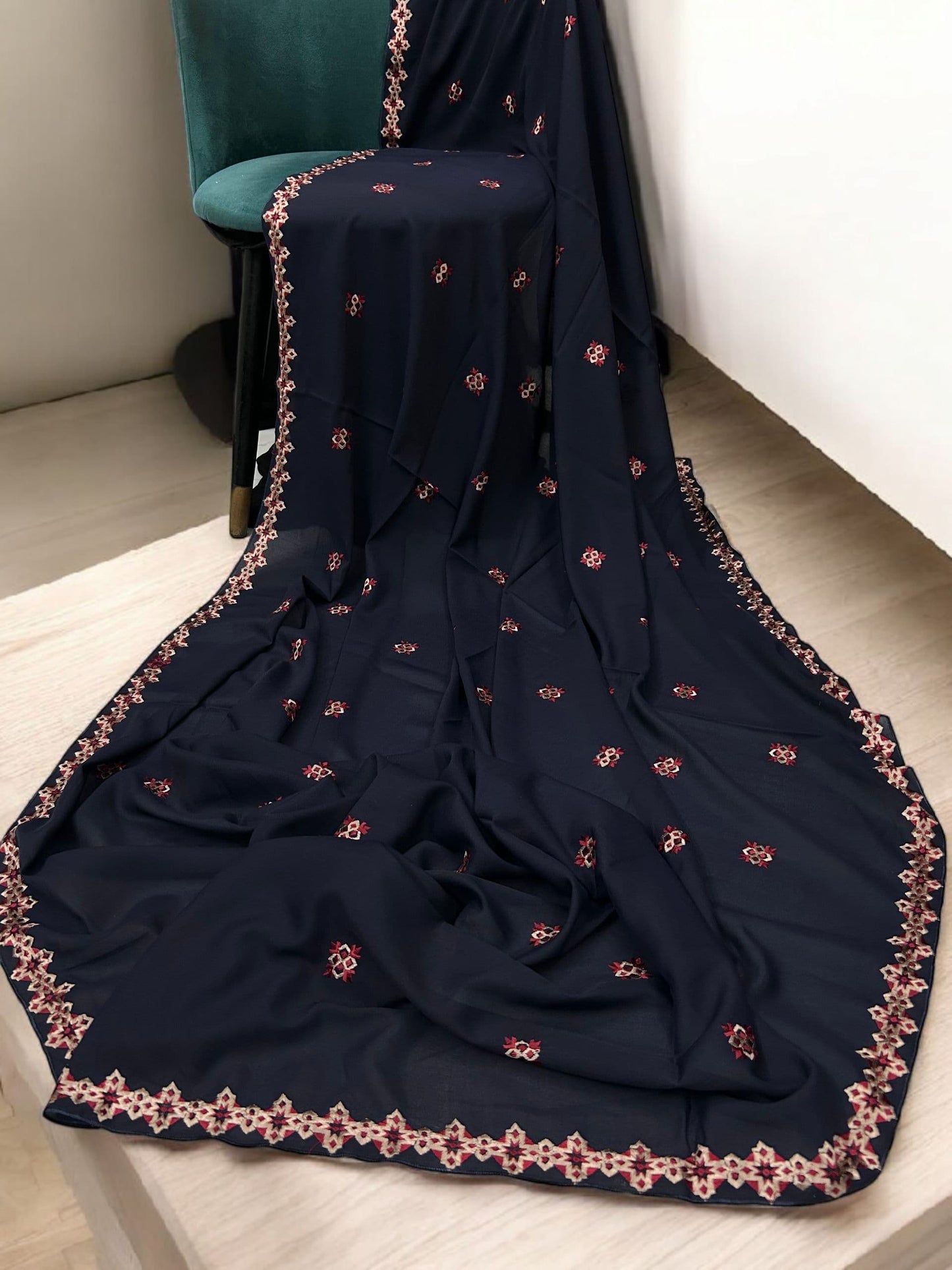 Navy Red Floral Diamond Embroidered Shaal