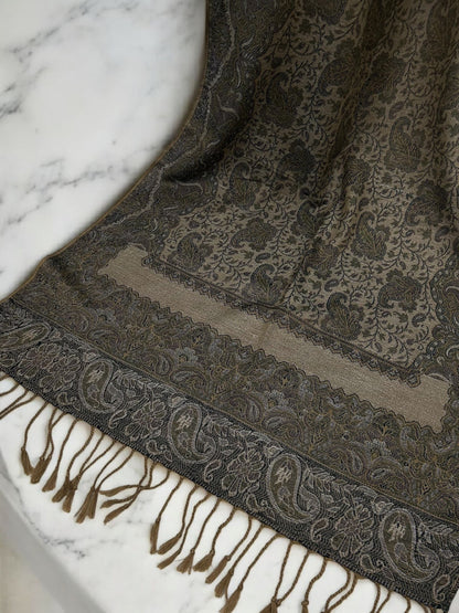Khaki Brown Blue Gold Two-tone Paisley Pashmina Hijab