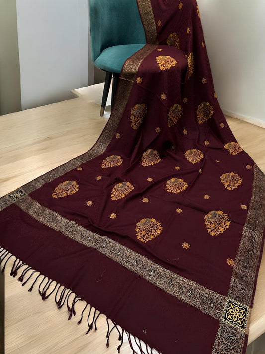 Burgundy Gold Border Embroidered Orange Patchwork Pashmina Shawl