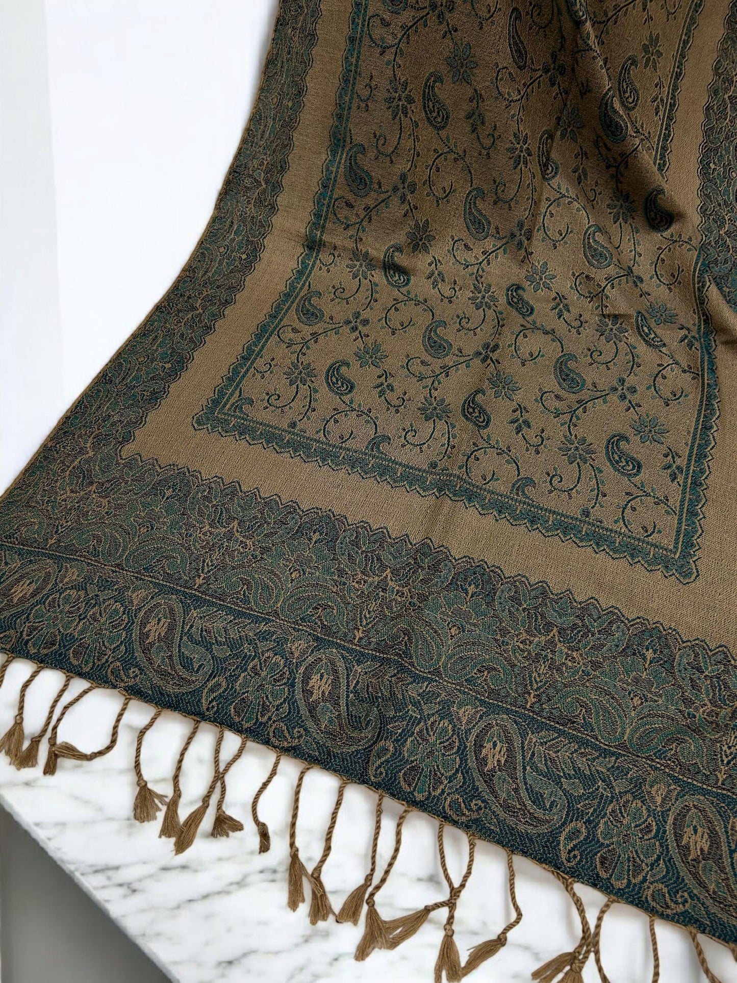 Coffee Turquoise Little Paisleys Two-Tone Pashmina Hijab