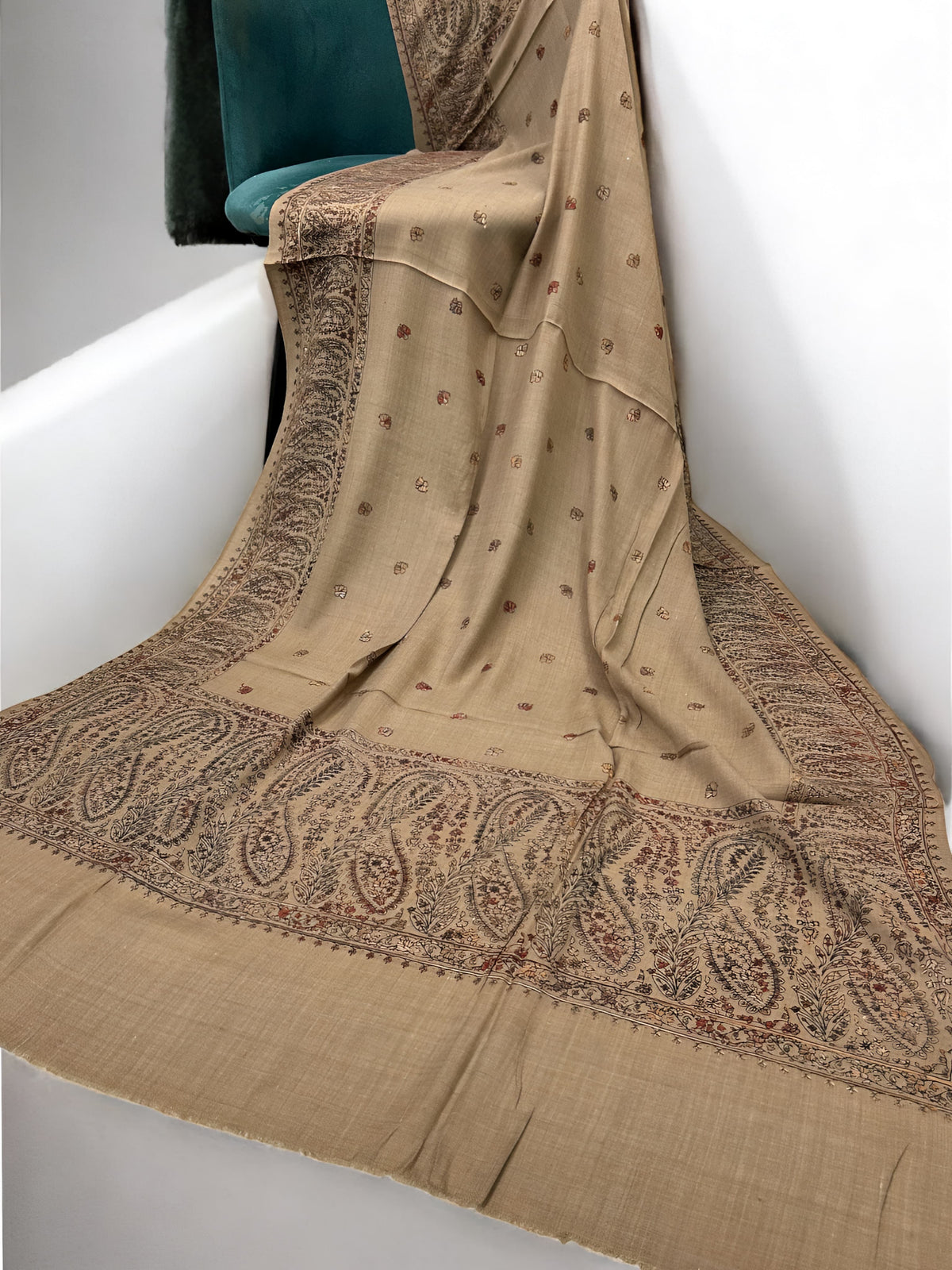 Khaki Maroon Multi - Hand Embroidered Paisley Kashmiri Shawl