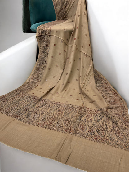 Khaki Maroon Multi - Hand Embroidered Paisley Kashmiri Shawl