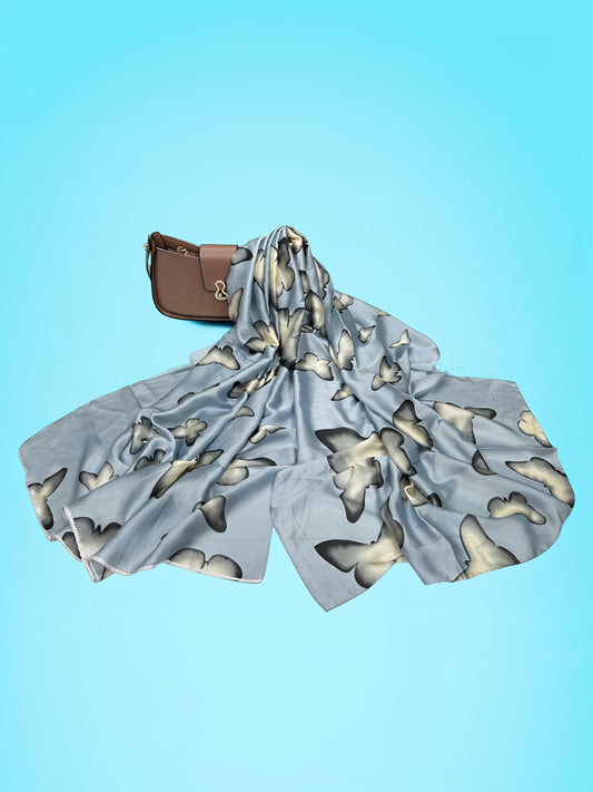 Large Satin Silk Scarf - Baby Blue Butterflies