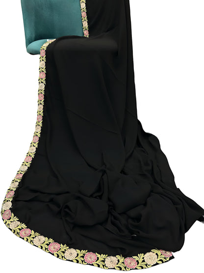 Black Pink Magnolia Floral Border Shaal