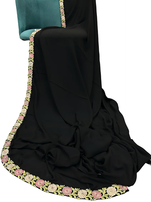 Black Pink Magnolia Floral Border Shaal
