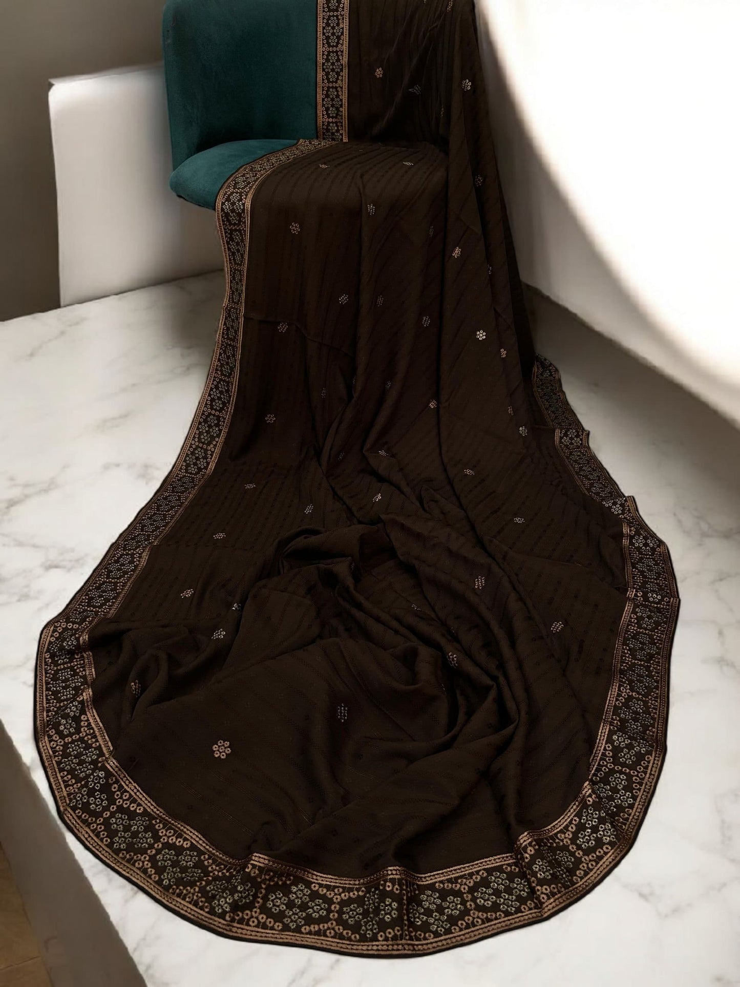 Chocolate Beige Honeycomb Fancy Self Embroidered Shaal