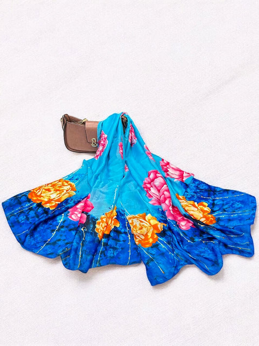 Large Satin Silk Scarf - Blue Pink Floral