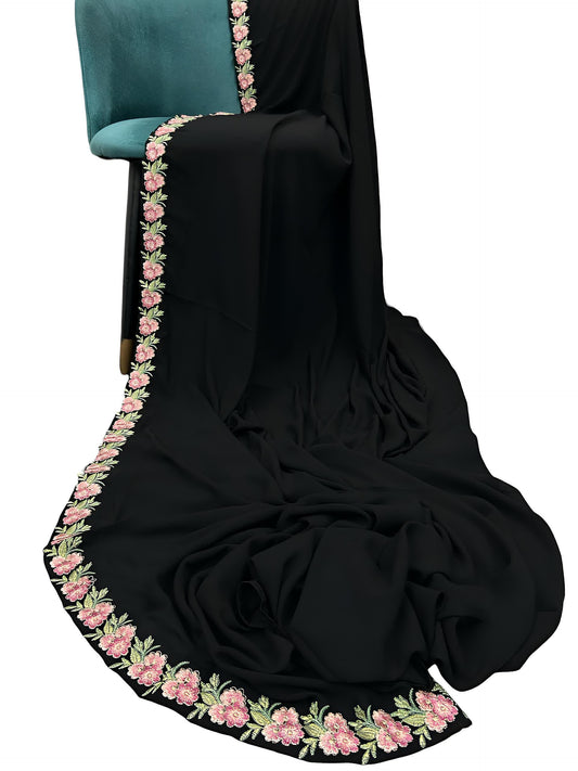 Black Pink Begonia Floral Border Shaal