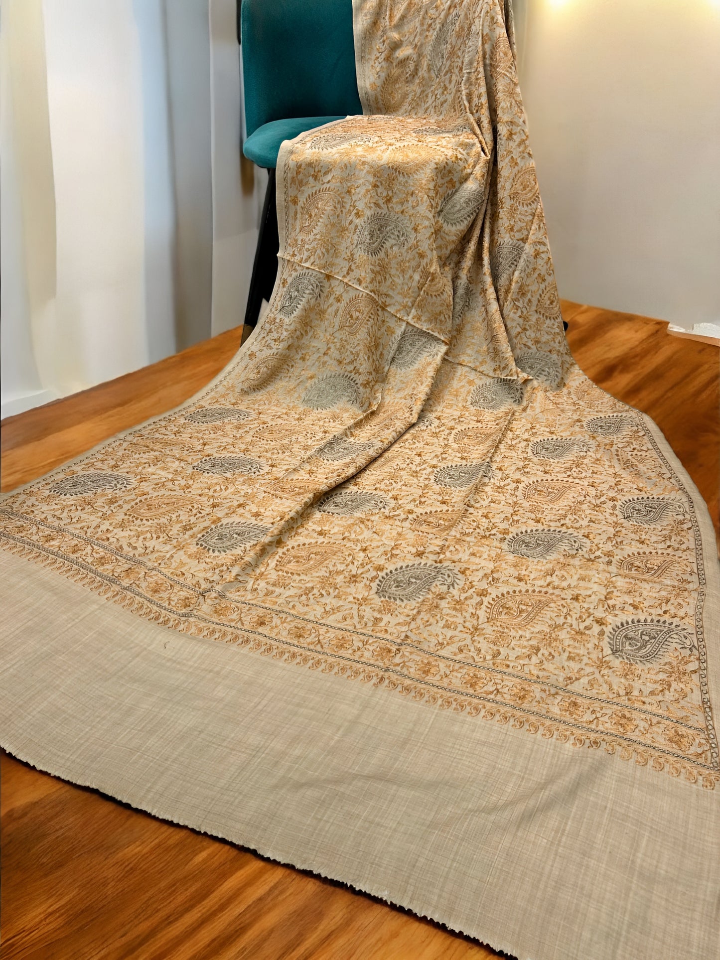 Beige Yellow - Embroidered Kalamkar Kashmiri Shawl