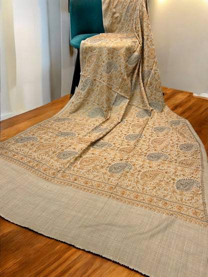 Beige Yellow - Embroidered Kalamkar Kashmiri Shawl