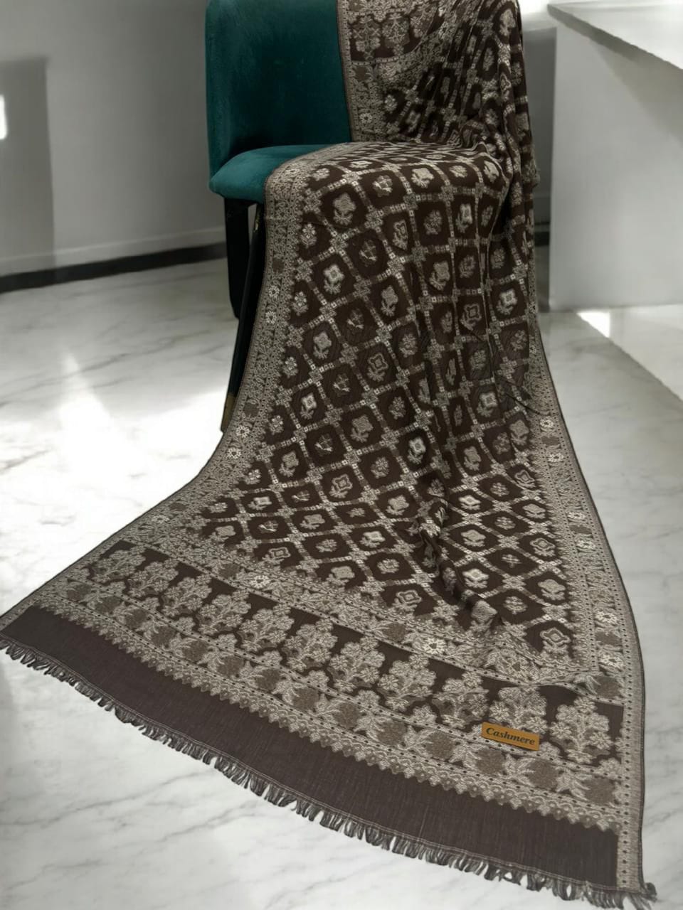 Brown Silver Crossed Floral Pashmina Hijab