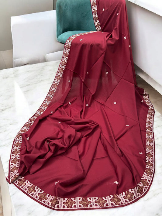 Red Grey Floral Threadwork Border Shaal