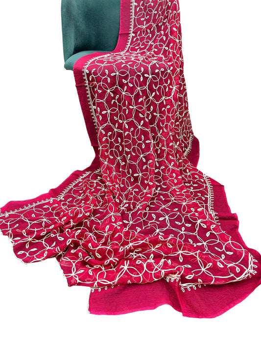 Pink Leafs Embroidered Chiffon Dupatta