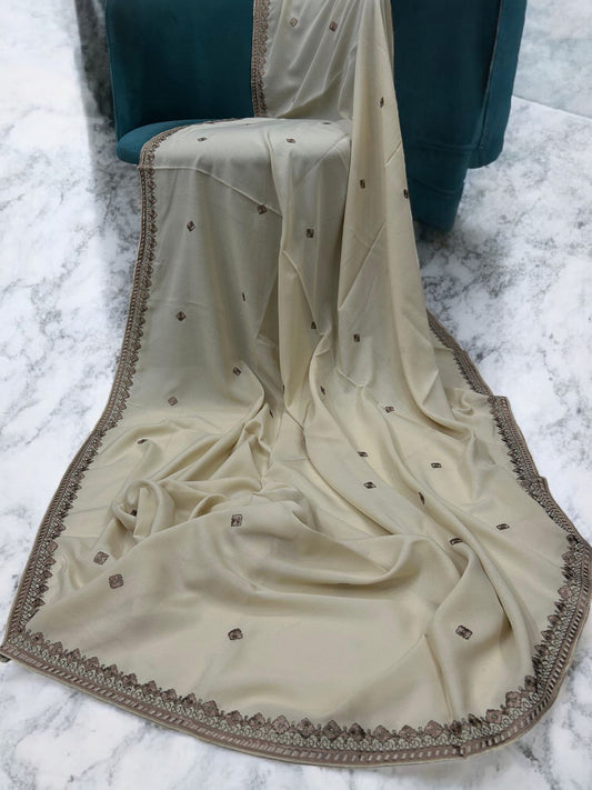 Cream Brown Floral Threadwork Embroidered Shaal