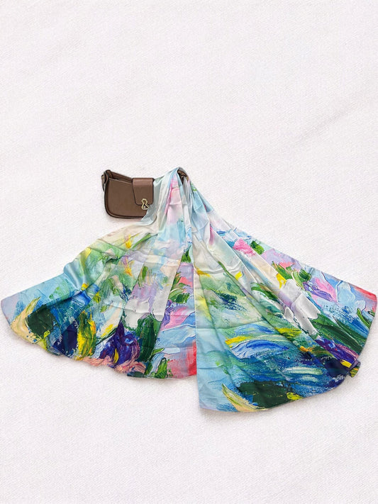 Large Satin Silk Scarf - Blue White Painting