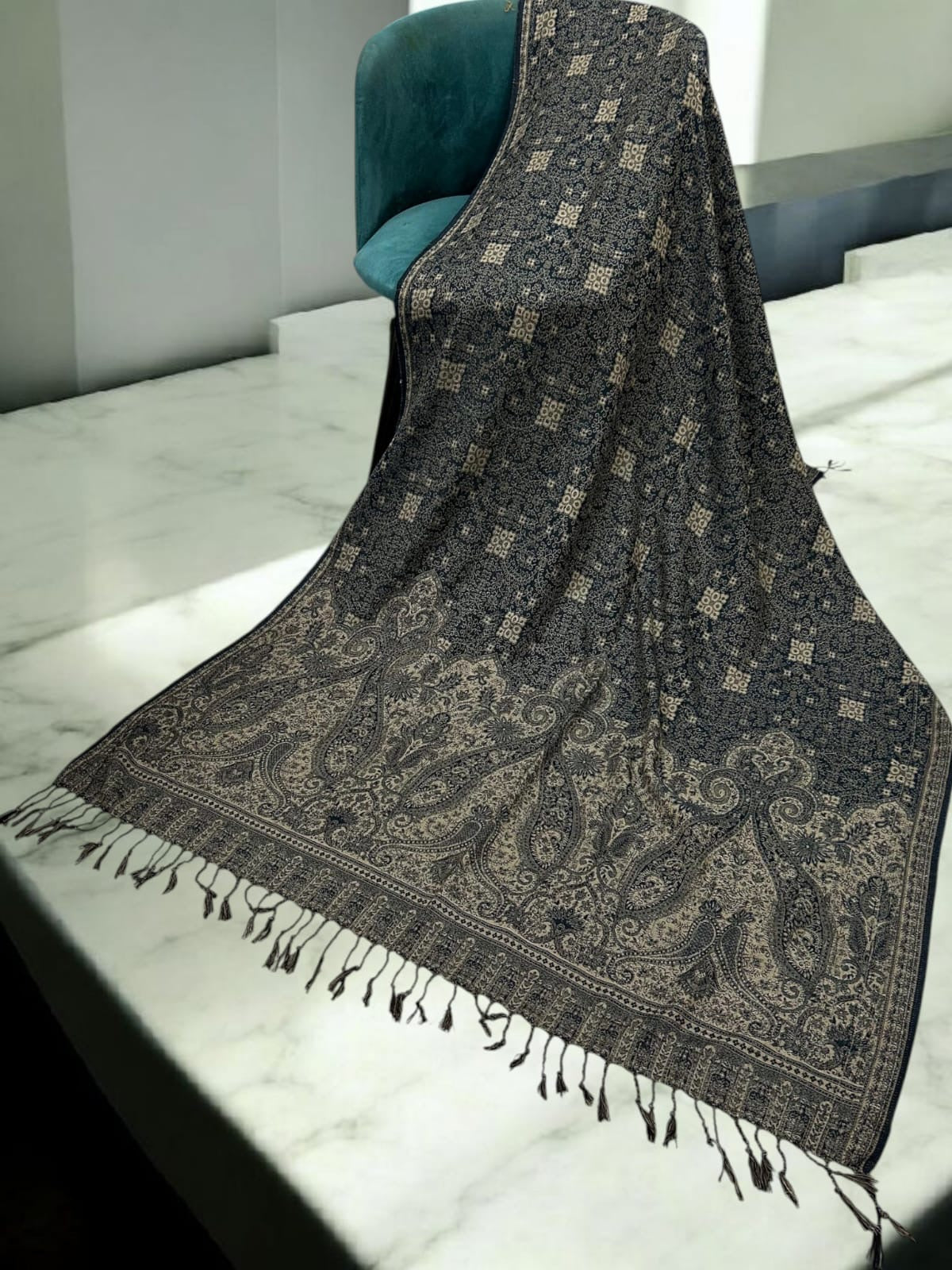 Paisley Pashmina Shawl - Navy Oat Brown
