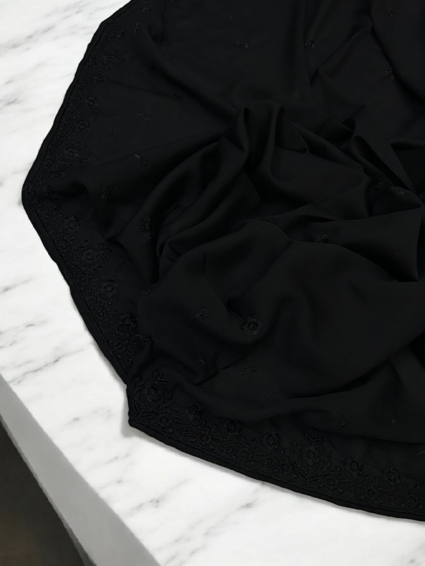 Pure Black Floral Embroidered Border Shaal
