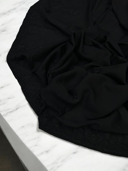 Pure Black Floral Embroidered Border Shaal