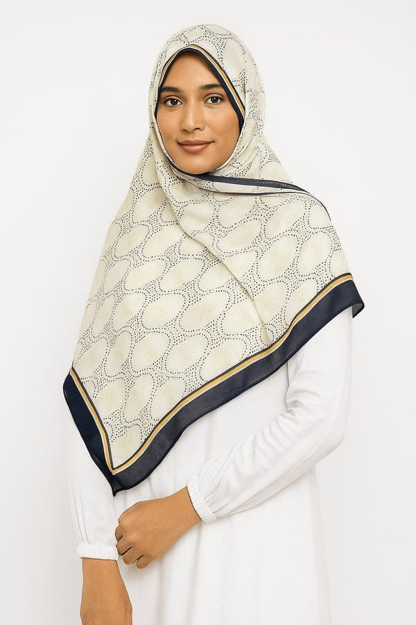 Printed Viscose Wool Hijab - Cream White Dots