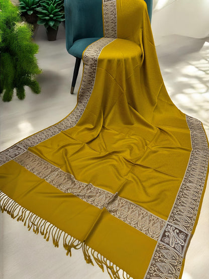 Mustard Beige Embossed Patchwork Border Shawl
