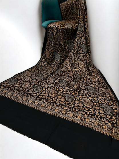 Black Rose Gold - Embroidered Kalamkar Kashmiri Shawl