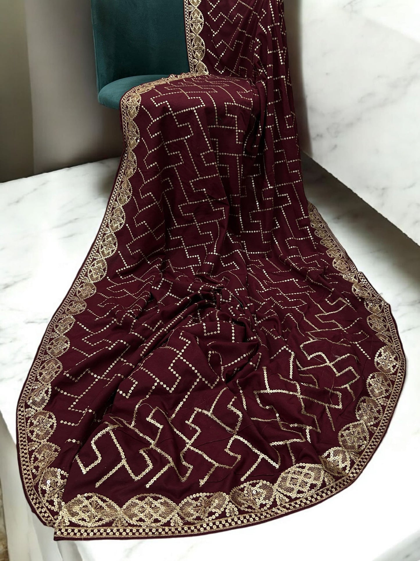 Mahogany Gold Sequence Bridal Embroidered Shaal