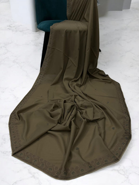 Mud Brown Flowers Threadwork Embroidered Border Shaal