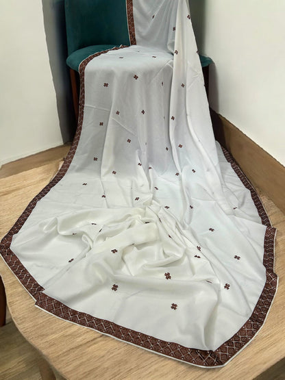 White Maroon Double Curved Border Embroidered Shaal