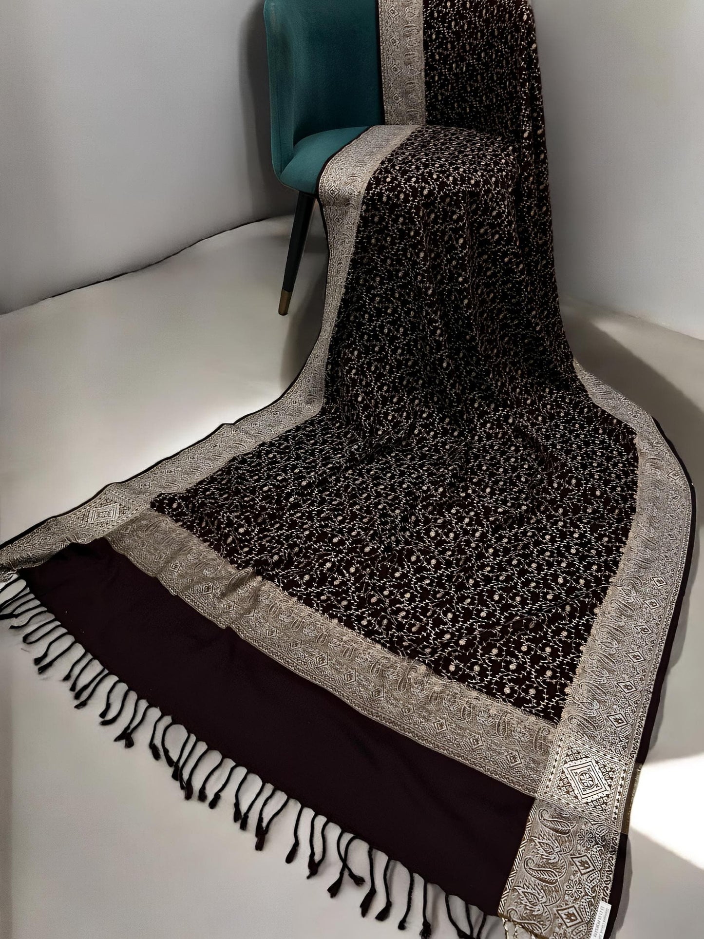 Mahogany Creamy Gold Threadwork Hand Embroidered Pashmina Shawl