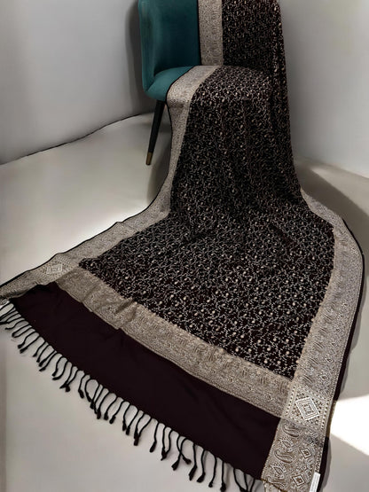 Mahogany Creamy Gold Threadwork Hand Embroidered Pashmina Shawl