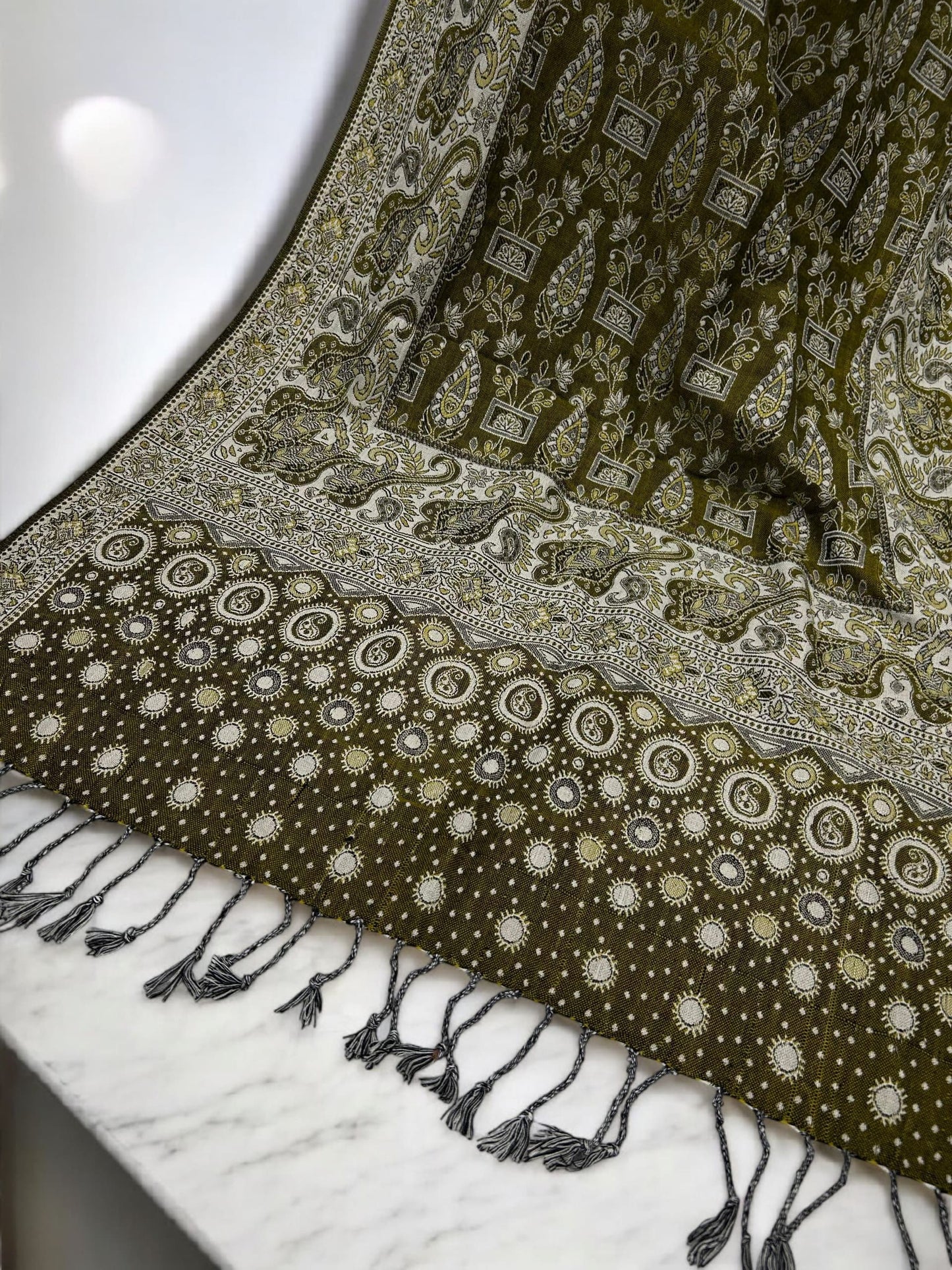 Olive White Silver dotted two-tone Paisley Pashmina Hijab