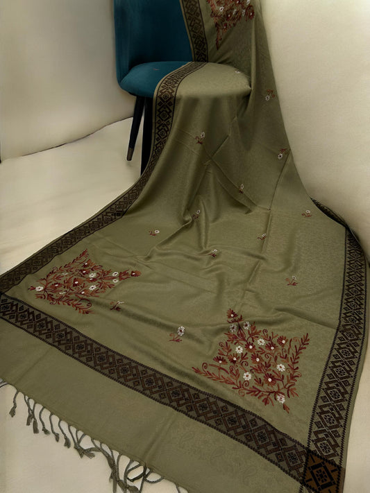 Sandy Blonde Mahogany Border Embroidered Red Floral Pashmina Shawl