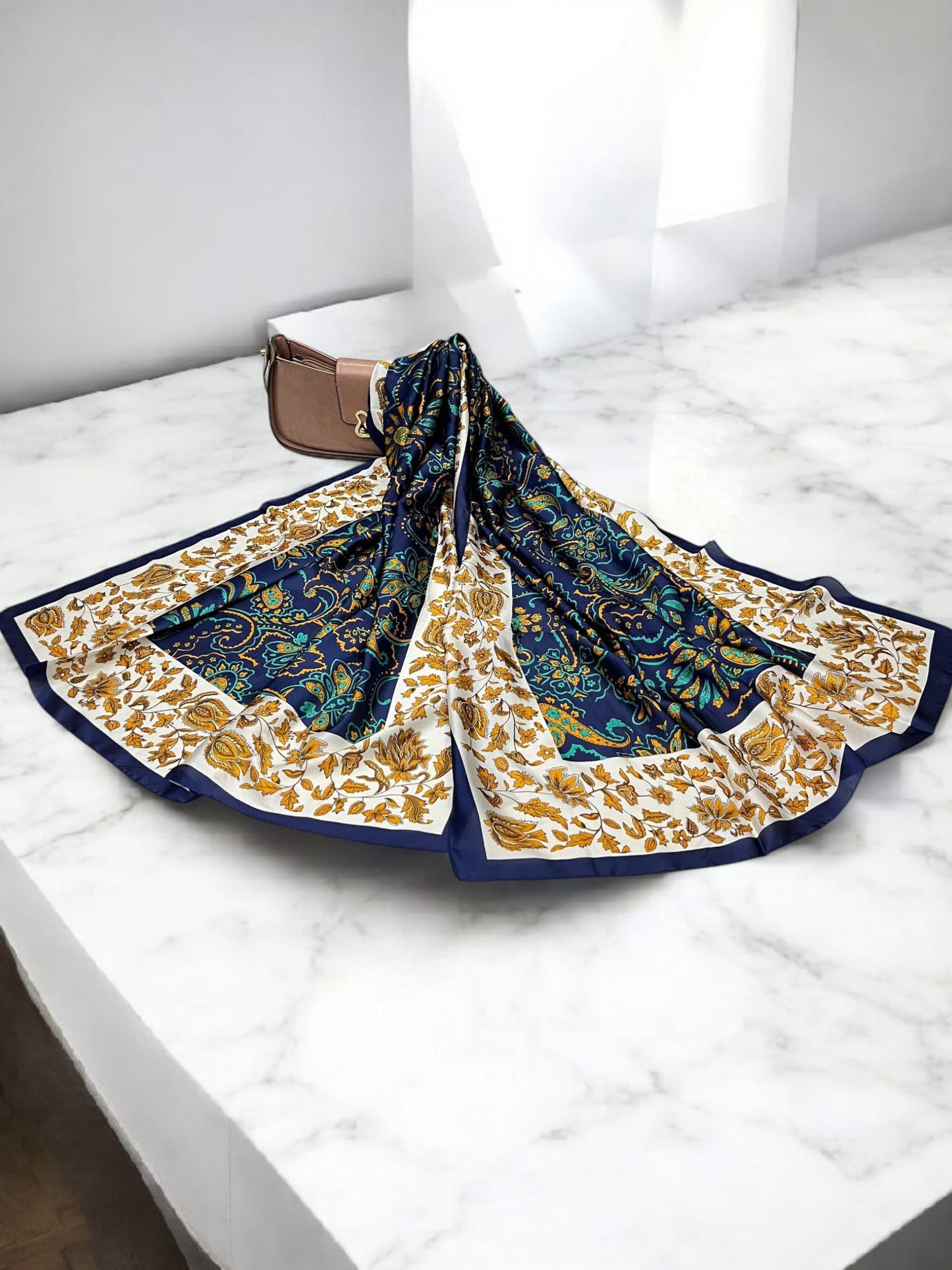 Large Satin Silk Scarf - Royal White Leaflet