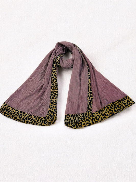 Lilac Beige Leopard Border Printed Pleated Modal Hijab