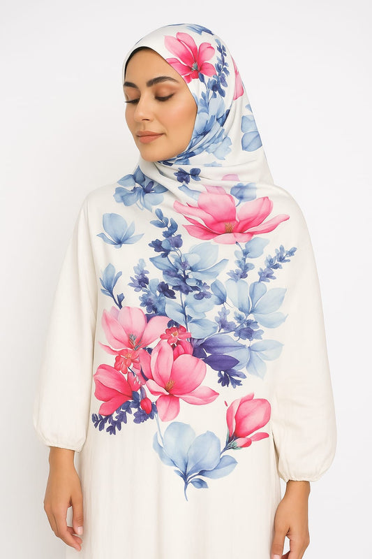 Large Satin Silk Scarf - White Blue Pink Flowers